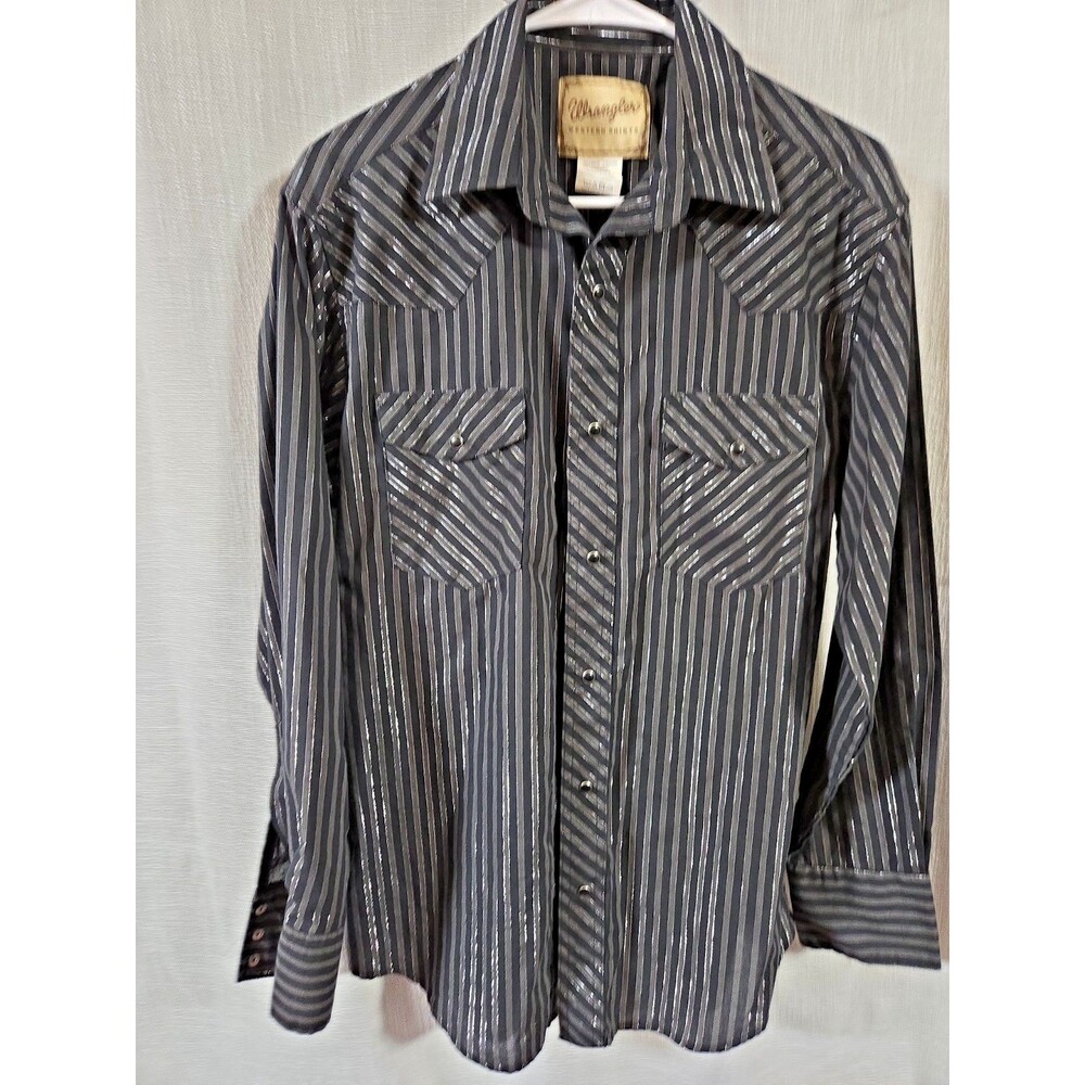 Wrangler Western Pearl Snap 2 Pocket Vintage Black Silver Medium 3 snap sleeves